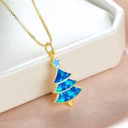 Pendant Necklaces White Blue Opal Christmas Tree Necklace Cute Stars Red Hat Vintage Gold Silver Colour Chain For Women