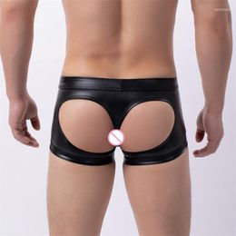 Underpants Pouches Sexy Breathable Buttocks Underwear Mens Solid PU Leather Trunks Briefs Open Back Boxer Shorts Freedom Thong Jockstrap A5