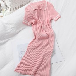 Women casual dresses turn down collar Colour block tunic knitted short sleve bodycon desinger dress sexy vestidos