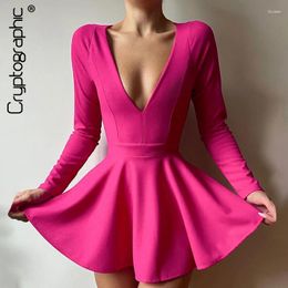 Casual Dresses Fashion Sexy Backless V Neck A-Line Mini Dress Elegant Long Sleeve Pleated Party Club Birthday Vestido