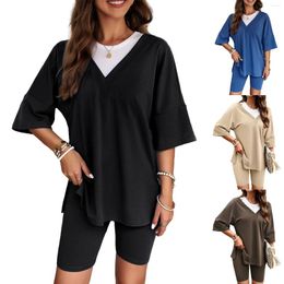 Women's Tracksuits V Neck 2 Piece Outfit Set Loose Fit Women Oversized Shirt Biker Shorts Elastic Waist Short Sleeve Pants Daily