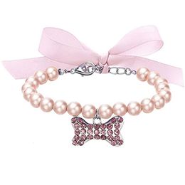 Dog Collars Leashes Imitation Pearl Cute Dog Necklace Pet Collar Accessories Jewellery Neck Chain For Small Dogs Large Dog Cats 5 Colours 230422