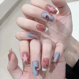 False Nails 24Pcs Wearable Naked Pink Gradient With Glue French Press On Pearl Glitter Full Cover Artificial Designs