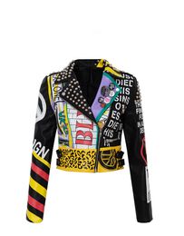 Women's Pu Leather Jackets Graffiti Floral Letter Cartoon Print Punk Motorcycle Biker Zip Rivet Chain Waist Woman's Coats Contrast Colour Outerwear 8811