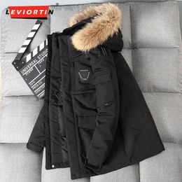 Men's Leather Faux Leather Fashion Cargo Men's White Duck Down Jacket With Fur Collar -30Degrees Men Casual Waterproof Down Winter Thicken Warm Parka Coats 231122