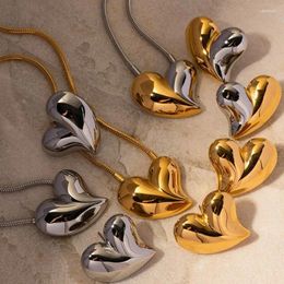 Hoop Earrings Uworld Stainless Steel Domed Heart-Shaped Pendant Earring Necklace 18K PVD Gold Plated Layering Staple Jewelry Set For Women