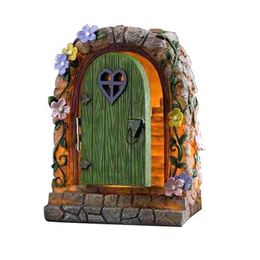 Fairy Garden Solar Stone Door Resin Ornament Hand-Painted Statue For Garden Courtyard Lawn Decoration Trees Flower Beds Q0811270J