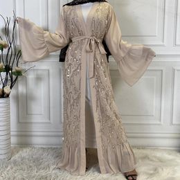 Ethnic Clothing Ramadan Eid Open Abaya Kimono Women Luxury Sequin Robe Dubai Abayat Ladies Chiffon Cardigan Islamic Turkish Clothes