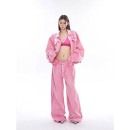 Women's Jackets Chic Personality Sweetheart Pretty Pink Denim Jacket Wide Leg Pants Suit Jeans Suit Women Fashion High Street Coat 231121