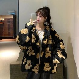 Women's Fur Faux Fur Harajuku Bear Teddy Print Plush Jacket Women Winter Female Korean Fluffy Hooded Coat Thick Warm Couple Streetwear Outerwear 231121