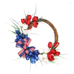 Decorative Flowers Patriotic Door Wreath Independence Day For Front Red White And Blue Hoop Garland Memorial Veterans