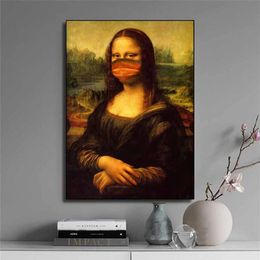 Funny Mask Mona Lisa Oil Painting on The Wall Reproductions Canvas Posters and Prints Wall Art Picture for Living Room Decor211u