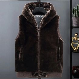 Men's Vests Men Vest Soft Plush Faux Fur Hooded Sleeveless Thick Coat Thickened Zipper Clre Pockets Cardigan Waistcoat 231121
