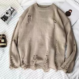 Men's Sweaters Hole Pullover Knitted Sweater Men Knit Streetwear Heavyweight Ripped Mock Neck Blank Sweatshirt