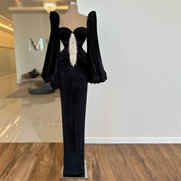 Dubai Black Mermaid Celebrity Prom Dress Cap Sleeves Beadings Sweetheart Pleated Women Evening Party Gowns Arabia Dubai Robe De Soiree Customed