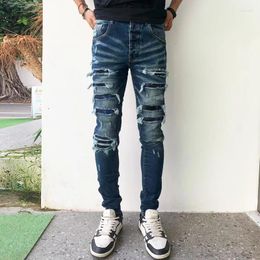 Men's Jeans High Street Fashion Men Retro Blue Stretch Skinny Fit Ripped Stripe Patched Designer Hip Hop Brand Pants Hombre