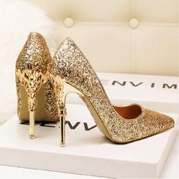 Dress Shoes Rhinestone Women High Heels Sequin Sexy Party Wedding Bridal Metal Heel Stiletto Woman Pumps Pointed Ladies