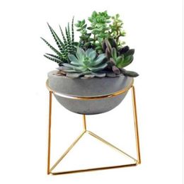 Creative Desktop White Mini Ceramic Plant Flower Pots Planter with Geometric Golden Iron Rack Holder for Flower Succulent Plants318k