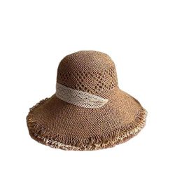 Wide Brim Hats Cute Girls Straw Hat Sun Kids Large Beach Summer Boater Ribbon Round Flat Top Fedora