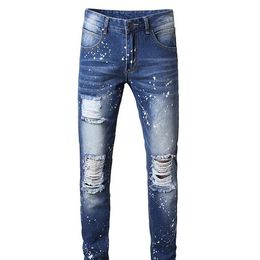 Men Jeans Worn White Paint Personalized Men Pants Slim Fit Zipper Straight Leg Pants Fashion Elastic Men Pants