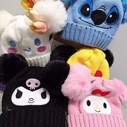 Kawaii Cartoon Boy Girl knitted Velvet Beanie Hat Cap With Stereo Fur Ball Hats Kids Accessories Multi Choice