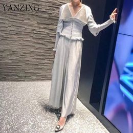 Two Piece Dress 2023 Autumn And Winter Products Fashion Overweight Work Bright Waist Shirt High Wide Leg Pants Suit L773