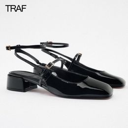 Sandals TRAF Fashion Women Pumps Mary Jane Heels Chunky Strappy Black Square toe Lolita Slingback Cute Shoes 230421