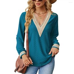 Women's Blouses V-neck Lace Top Stylish V Neck Patchwork Pullover Soft Casual Mid Length T-shirt Blouse For Spring Fall Fashion Contrast