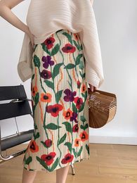 Skirts Miyake Pleated Flower Printed High Waist Slit Straight Skirt Women Spring Summer Korean Fashion Causal Designer Clothes 230422