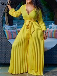 Women's Jumpsuits Rompers Women Elegant V Neck Pleated Jumpsuit Casual Wide Leg Loose Overalls 230422