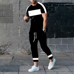 Men's Tracksuits Summer Men Solid Colour T-Shirt Trousers Set Fashion K Print Tracksuit 2 Pieces Casual Clothing Male Oversized Streetwear 230422