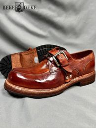 Dress Shoes Handmade Mens Horsehide Genuine Leather Derby Thick Bottom Vintage British Style Round Toe Work Cargo