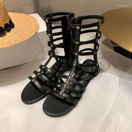 Sandals Gladiator Design Women Black Narrow Strap Flats Sandalias Femmes Roman Fashion Beach Summer Creepers Size41 Chaussure