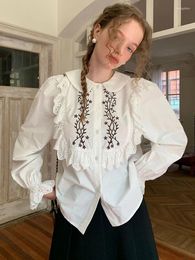 Women's Blouses GypsyLady French Vintage Chic Shirt Blouse Floral Emboridery Spring Autumn Cotton White Lace Doll Collar Women Girls Shirts