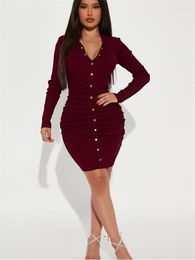 Casual Dresses Habbris Autumn Sexy Solid Ribbed Bodycon Midi Club Outfit For Women 2023 Long Sleeve Button Up Dress Female