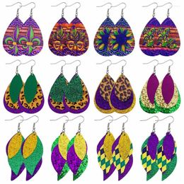 Dangle Earrings Mardi Gras Carnival Fashion Purple Green Gold Colour PU Leather Leaf MD Jewellery Wholesale