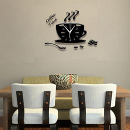 Creative 3D Acrylic Teapot Wall-Clock Coffee Cup Spoon Decorative Kitchen Clocks Dining Room Bedroom Home Decor Self Adhesive2829