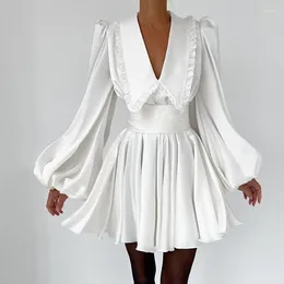 Casual Dresses Chic Lady Waist V-Neck Short Dress Luxury Women Swing White Mini 2024 Elegant Banquet Lantern Sleeve Princess