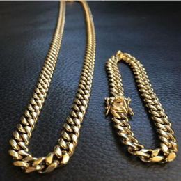 10mm Mens Cuban Miami Link Bracelet & Chain Set 14k Gold Plated Stainless Steel215t