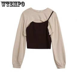 Women's T-Shirt Long-sleeved T-shirt Fake Two-piece Suspenders Spring and Autumn Short Design Tops 230422