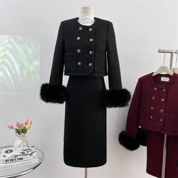 Two Piece Dress Fashion French Vintage Tweed Set Outfits High Quality Chic Fringed short Jacket Coat Long Skirt Suits 231120