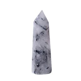 Natural black hair crystal Arts Pillar Quartz Point Obelisk Wand Healing Crystals ink painting home decoration ornaments Simng