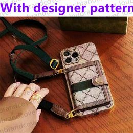 Designer Phone Case for iPhone 15 pro max 14 13 11 12 XR XS 15 Plus Fashion Monogram Print Leather Card Holder Wallet Handbag Golden Mobile Cover Crossbody Lanyard