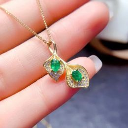 Natural Emerald Pendant for Girl 3mmx4mm 0.3ct Emerald Jewelry with Gold Plating 925 Silver Leaf Necklace Pendant for Daily Wear