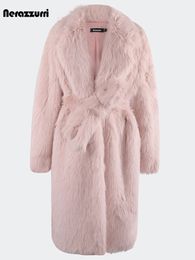 Women's Fur Faux Fur Nerazzurri Winter Long Oversized Pink Hairy Thick Warm Soft Faux Fur Coat Women Sashes High Quality Loose Casual Furry Overcoat 231122