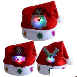 Christmas Hats Merry Adt Kid Led Light Up Cap Santa Claus Snowman Elk Children Hat Xmas Gift Drop Delivery Dhd0B