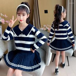 Clothing Sets 3-13 Year Girls Preppy Stripe Sweater Navy Blue Pleated Skirt Suit Baby Kids Clothes Home Toddler Tops