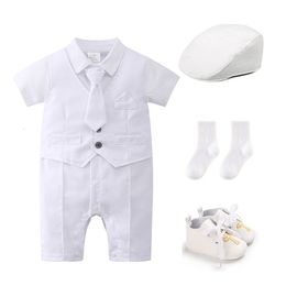 Крещение одежды Крещение мальчики костюм для 0-24 месяцев младенец летний джентльмен Формальный костюм Белый комбинезон с галстуком костюмом костюмы 230422