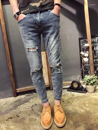 Men's Jeans 2023 Wholesale Teenagers Denim Trendy Brand Cropped Pants Korean Hole Social Guy Harem Slim Pencil