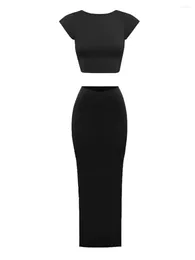 Arbeitskleider Damen Y2k 2-teiliges Maxirock-Set rückenfrei mit Flügelärmeln Tops figurbetont lange Outfits Sommer Streetwear